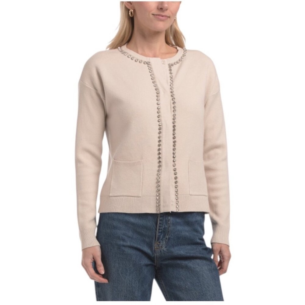 NWT SIONI Rhinestone Trim Boyfriend Cardigan In Winter White Size Medium NEW